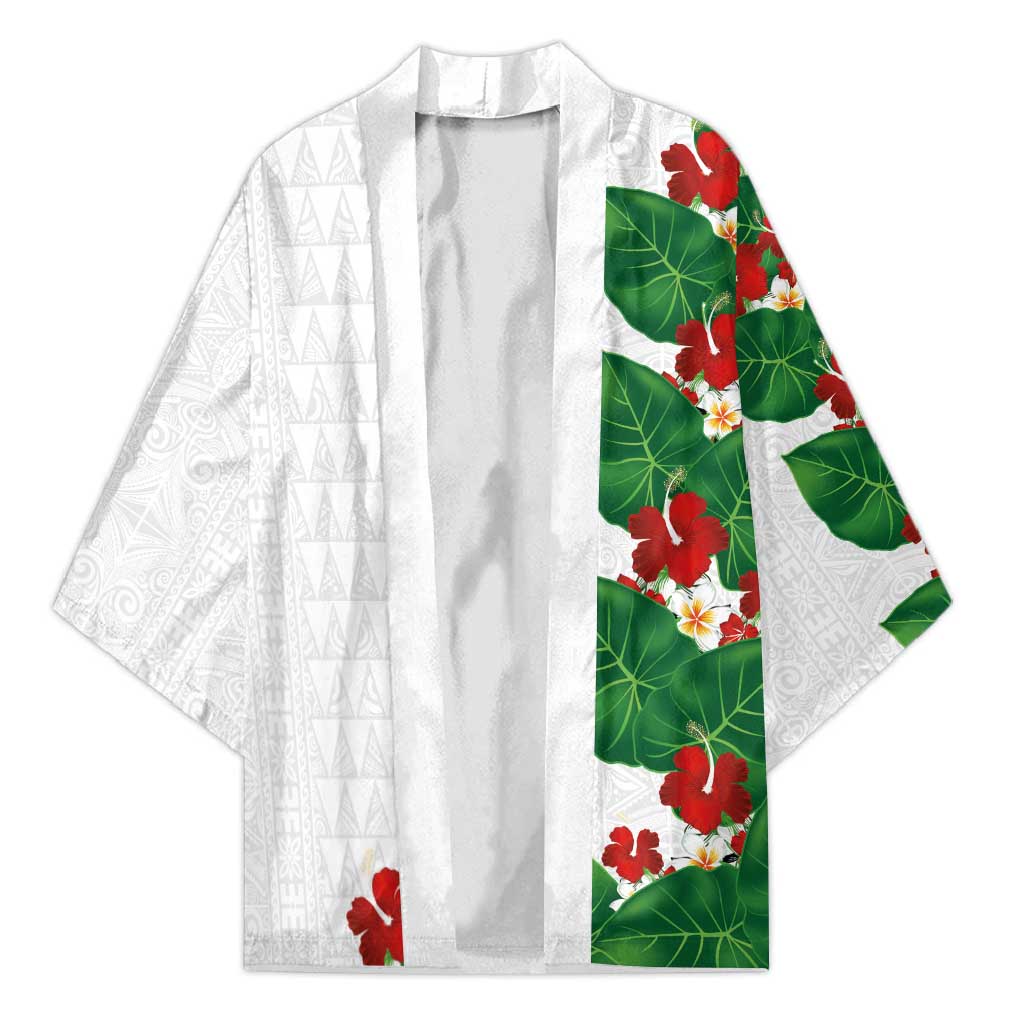 Hawaiian Taro Leaves-Hibiscus and Plumeria Kimono Polynesian Art-Kakau Tattoo White