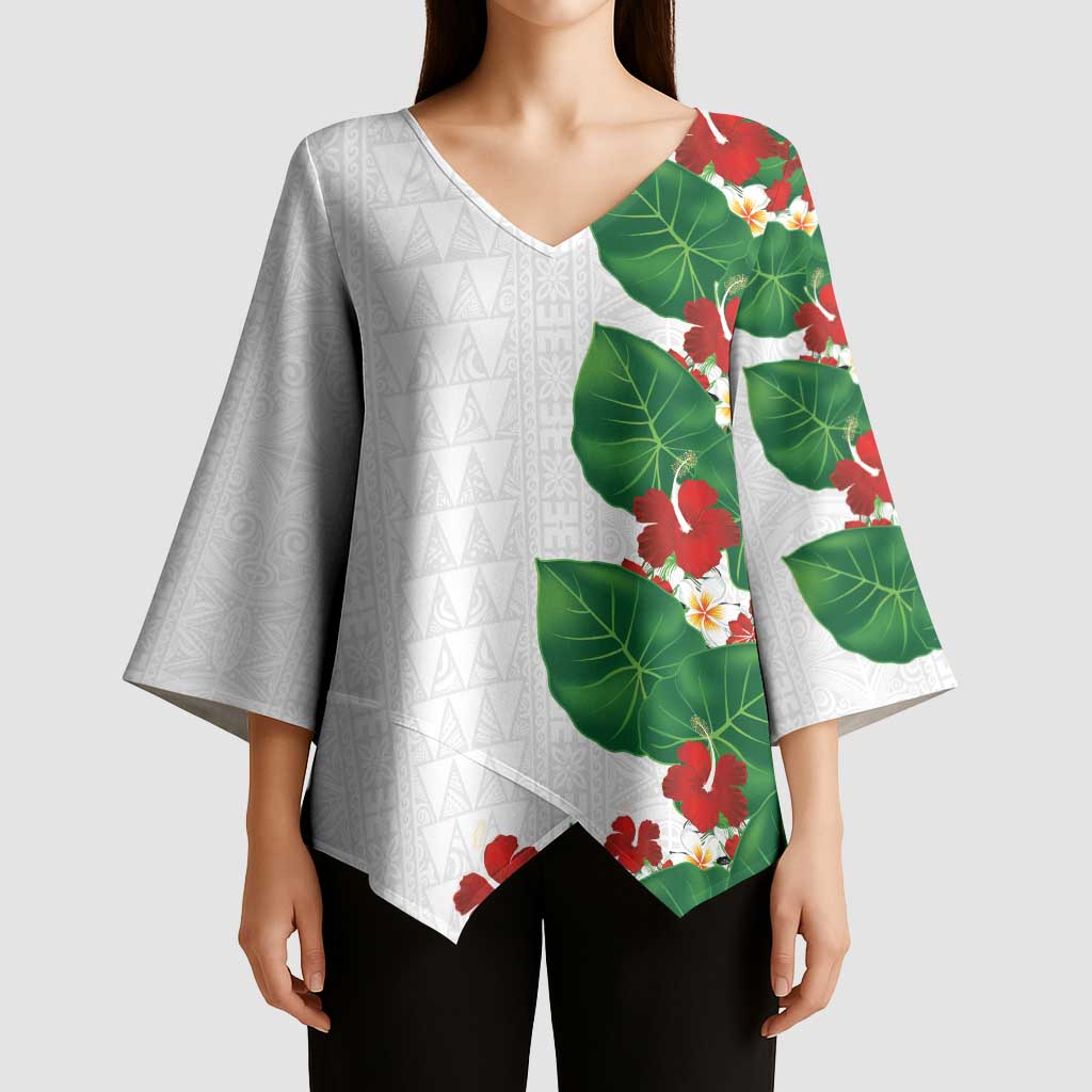 Hawaiian Taro Leaves-Hibiscus and Plumeria Kimono Sleeve Blouse Polynesian Art-Kakau Tattoo White