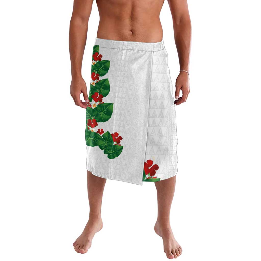 Hawaiian Taro Leaves-Hibiscus and Plumeria Lavalava Polynesian Art-Kakau Tattoo White LT03 White - Polynesian Pride