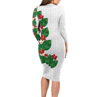 Hawaiian Taro Leaves-Hibiscus and Plumeria Long Sleeve Bodycon Dress Polynesian Art-Kakau Tattoo White