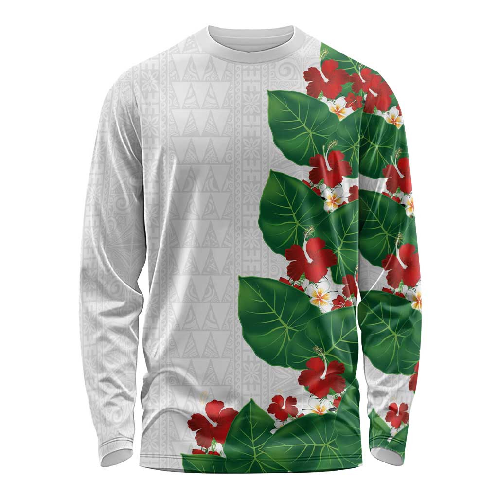 Hawaiian Taro Leaves-Hibiscus and Plumeria Long Sleeve Shirt Polynesian Art-Kakau Tattoo White