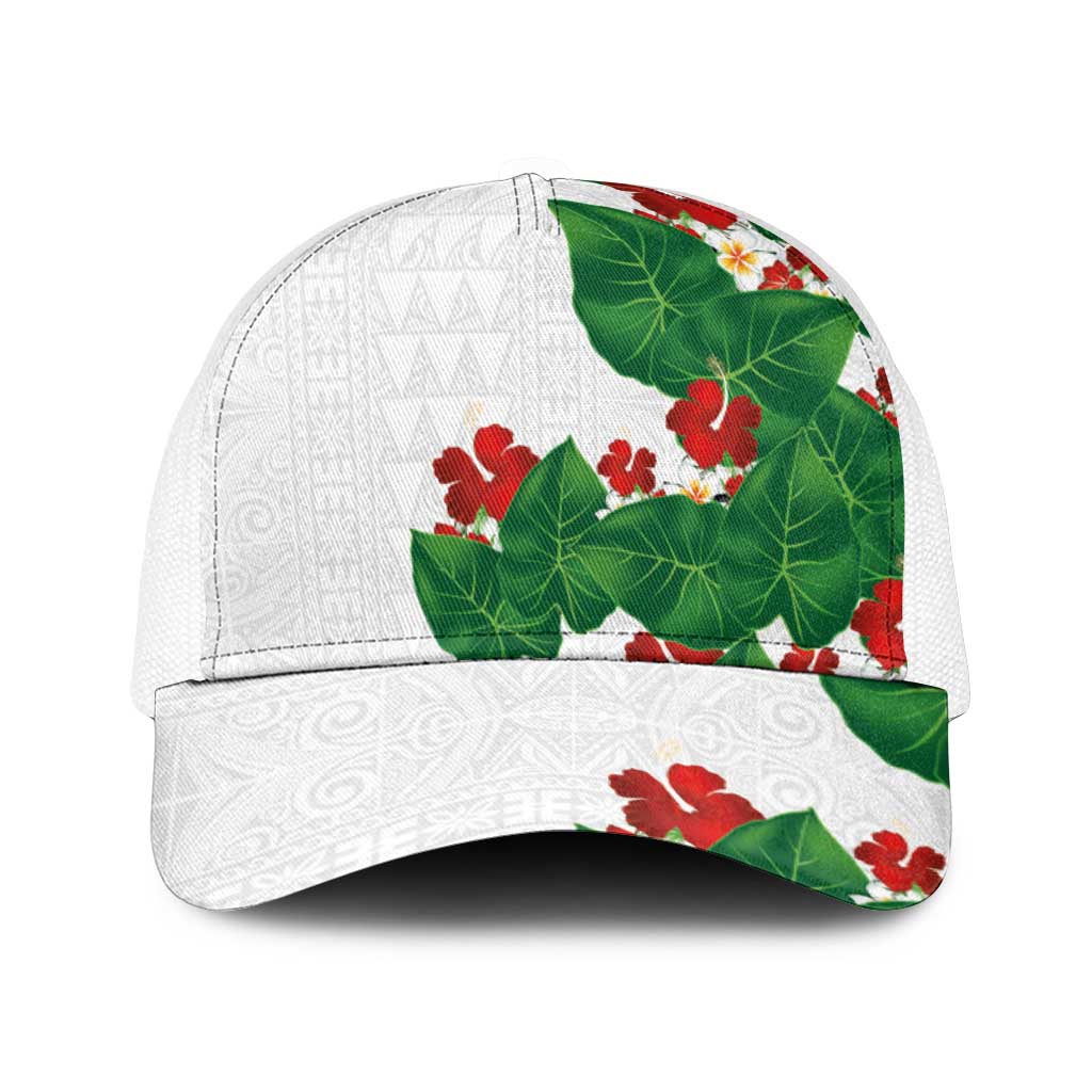 Hawaiian Taro Leaves-Hibiscus and Plumeria Mesh Trucker Cap Polynesian Art-Kakau Tattoo White