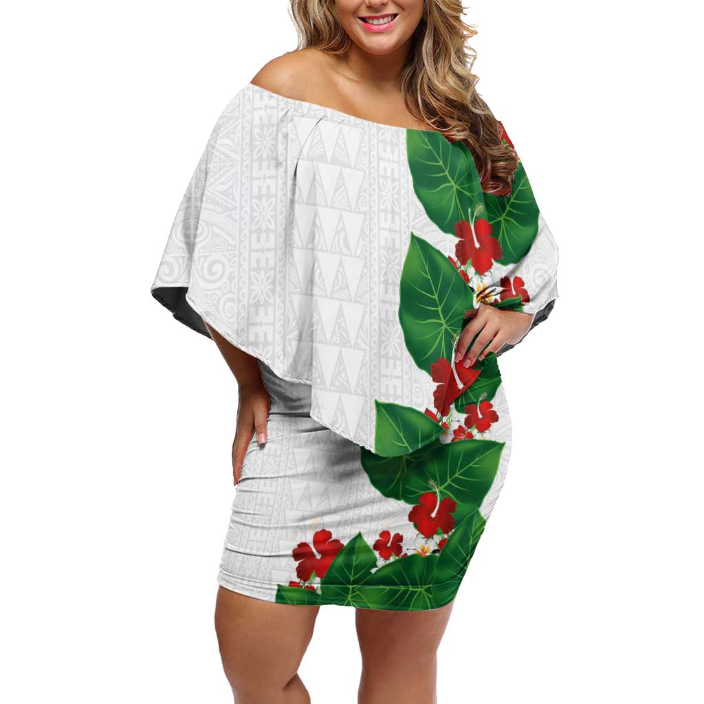 Hawaiian Taro Leaves-Hibiscus and Plumeria Off Shoulder Short Dress Polynesian Art-Kakau Tattoo White