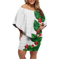Hawaiian Taro Leaves-Hibiscus and Plumeria Off Shoulder Short Dress Polynesian Art-Kakau Tattoo White