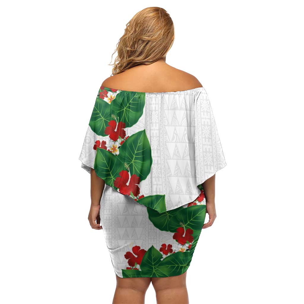 Hawaiian Taro Leaves-Hibiscus and Plumeria Off Shoulder Short Dress Polynesian Art-Kakau Tattoo White