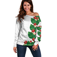 Hawaiian Taro Leaves-Hibiscus and Plumeria Off Shoulder Sweater Polynesian Art-Kakau Tattoo White