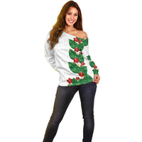 Hawaiian Taro Leaves-Hibiscus and Plumeria Off Shoulder Sweater Polynesian Art-Kakau Tattoo White