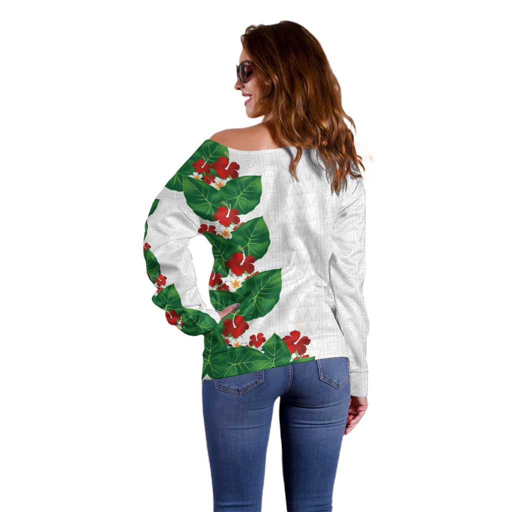 Hawaiian Taro Leaves-Hibiscus and Plumeria Off Shoulder Sweater Polynesian Art-Kakau Tattoo White