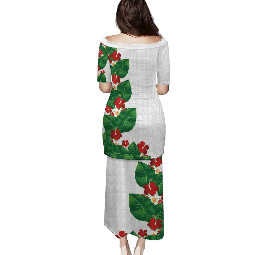 Hawaiian Taro Leaves-Hibiscus and Plumeria Puletasi Polynesian Art-Kakau Tattoo White
