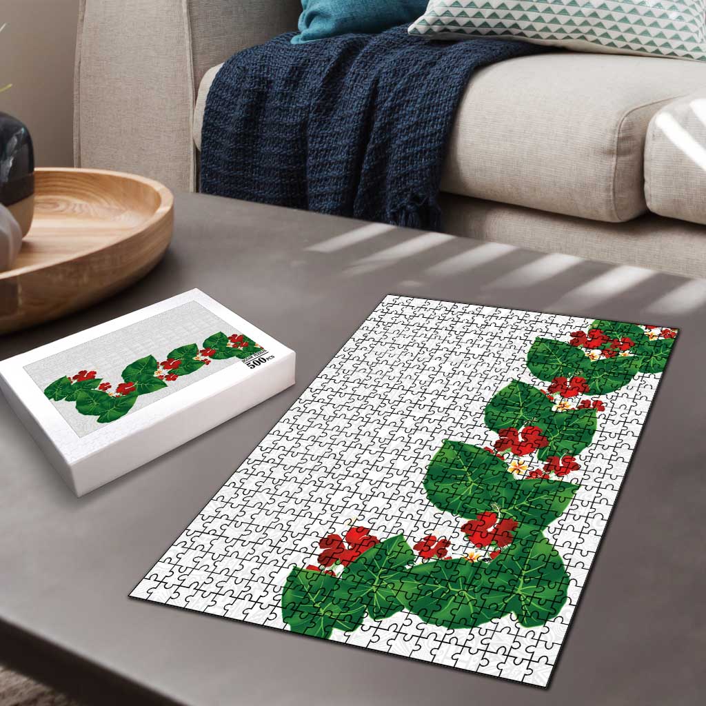 Hawaiian Taro Leaves-Hibiscus and Plumeria Puzzle Polynesian Art-Kakau Tattoo White LT03 - Polynesian Pride