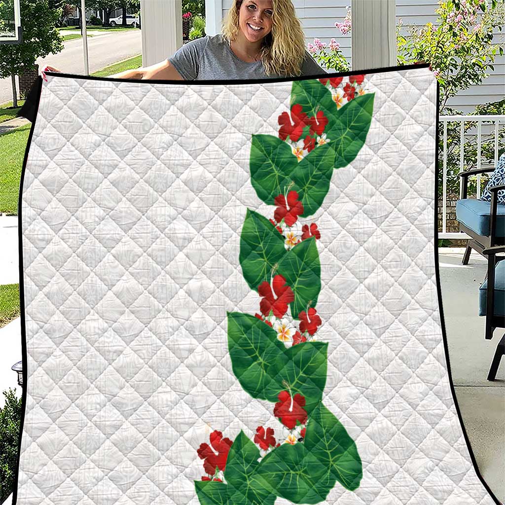 Hawaiian Taro Leaves-Hibiscus and Plumeria Quilt Polynesian Art-Kakau Tattoo White