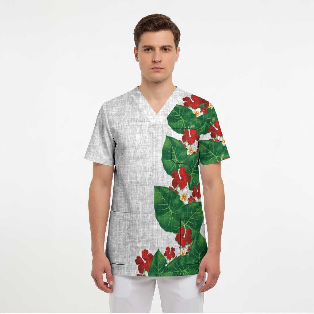 Hawaiian Taro Leaves-Hibiscus and Plumeria Scrub Top Polynesian Art-Kakau Tattoo White LT03 - Polynesian Pride