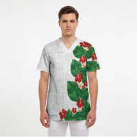 Hawaiian Taro Leaves-Hibiscus and Plumeria Scrub Top Polynesian Art-Kakau Tattoo White LT03 - Polynesian Pride
