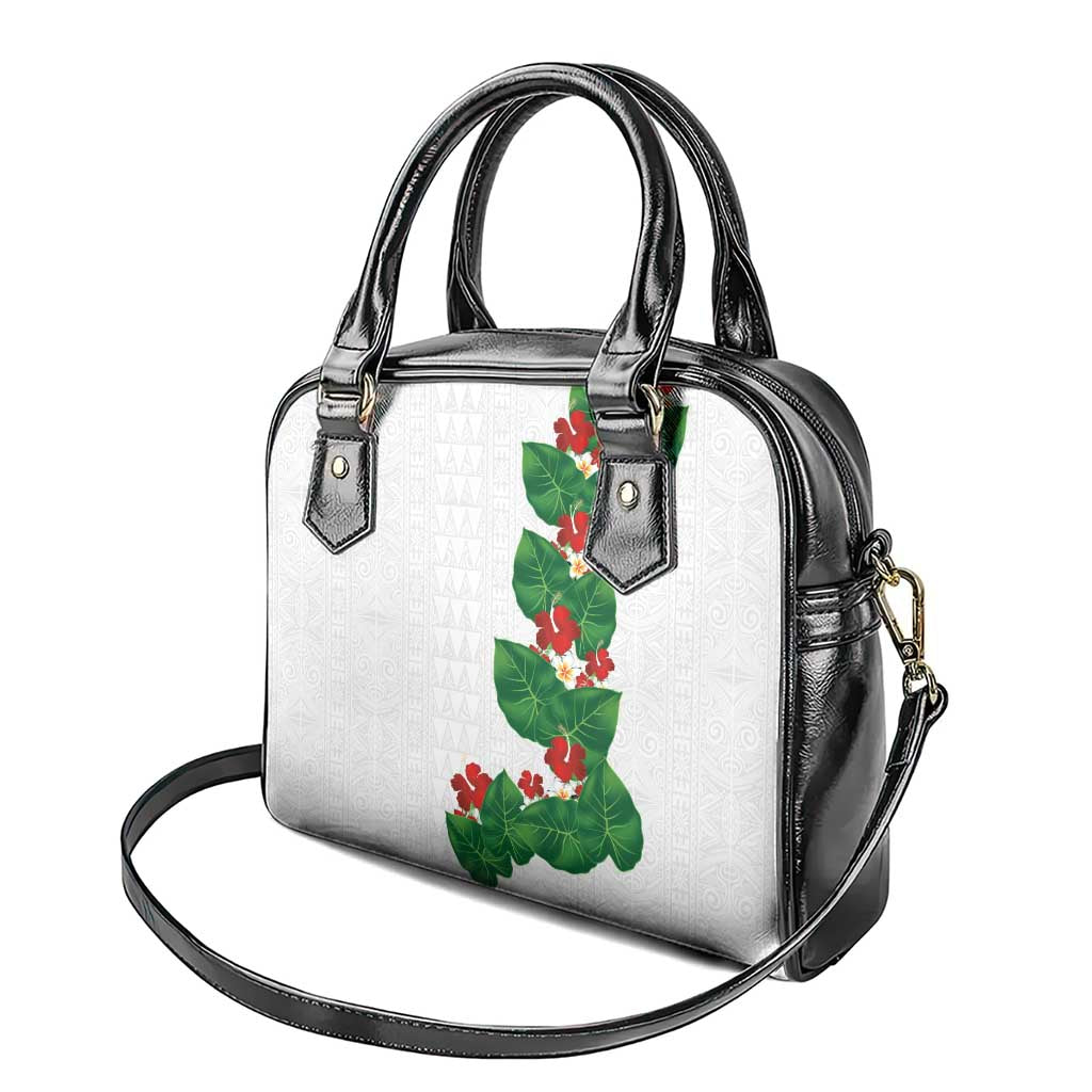 Hawaiian Taro Leaves-Hibiscus and Plumeria Shoulder Handbag Polynesian Art-Kakau Tattoo White