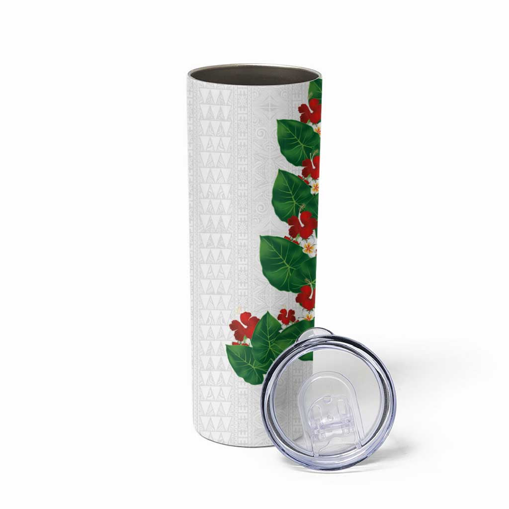 Hawaiian Taro Leaves-Hibiscus and Plumeria Skinny Tumbler Polynesian Art-Kakau Tattoo White