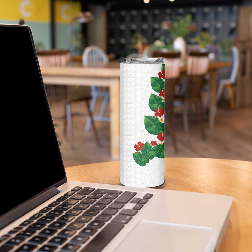 Hawaiian Taro Leaves-Hibiscus and Plumeria Skinny Tumbler Polynesian Art-Kakau Tattoo White