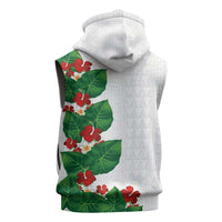 Hawaiian Taro Leaves-Hibiscus and Plumeria Sleeveless Hoodie Polynesian Art-Kakau Tattoo White