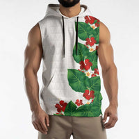 Hawaiian Taro Leaves-Hibiscus and Plumeria Sleeveless Hoodie Polynesian Art-Kakau Tattoo White