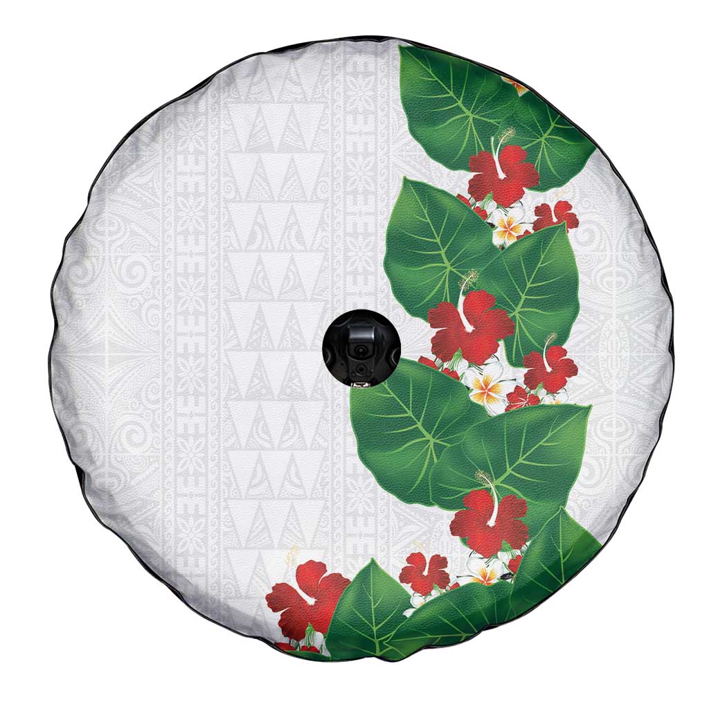 Hawaiian Taro Leaves-Hibiscus and Plumeria Spare Tire Cover Polynesian Art-Kakau Tattoo White
