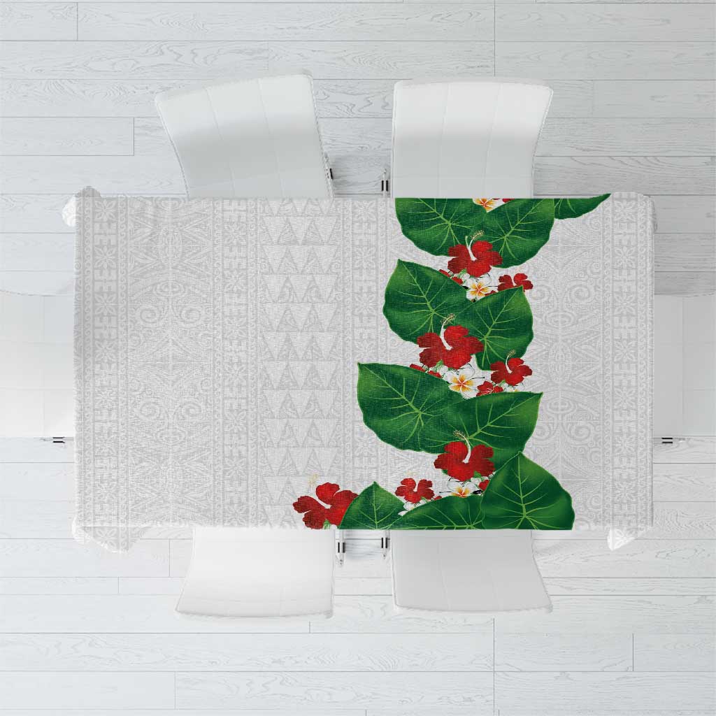 Hawaiian Taro Leaves-Hibiscus and Plumeria Tablecloth Polynesian Art-Kakau Tattoo White LT03 White - Polynesian Pride