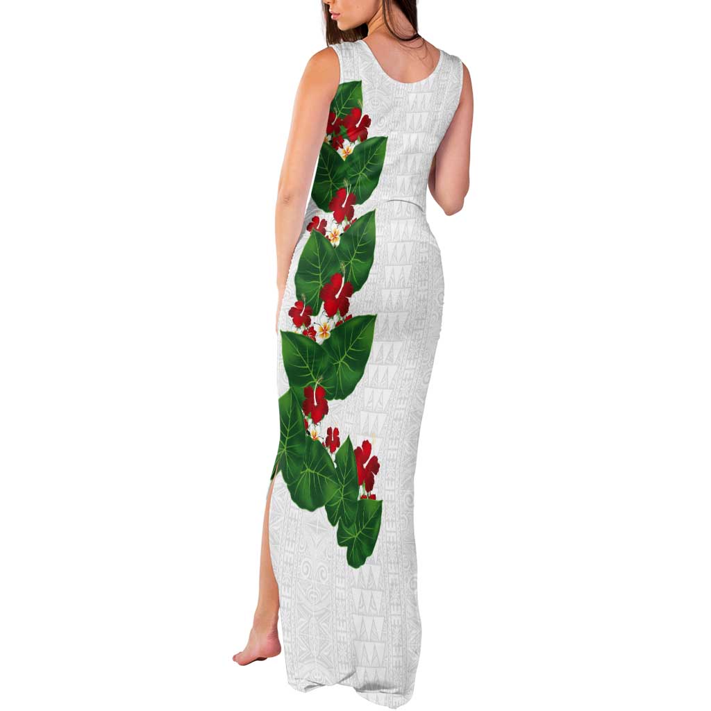 Hawaiian Taro Leaves-Hibiscus and Plumeria Tank Maxi Dress Polynesian Art-Kakau Tattoo White