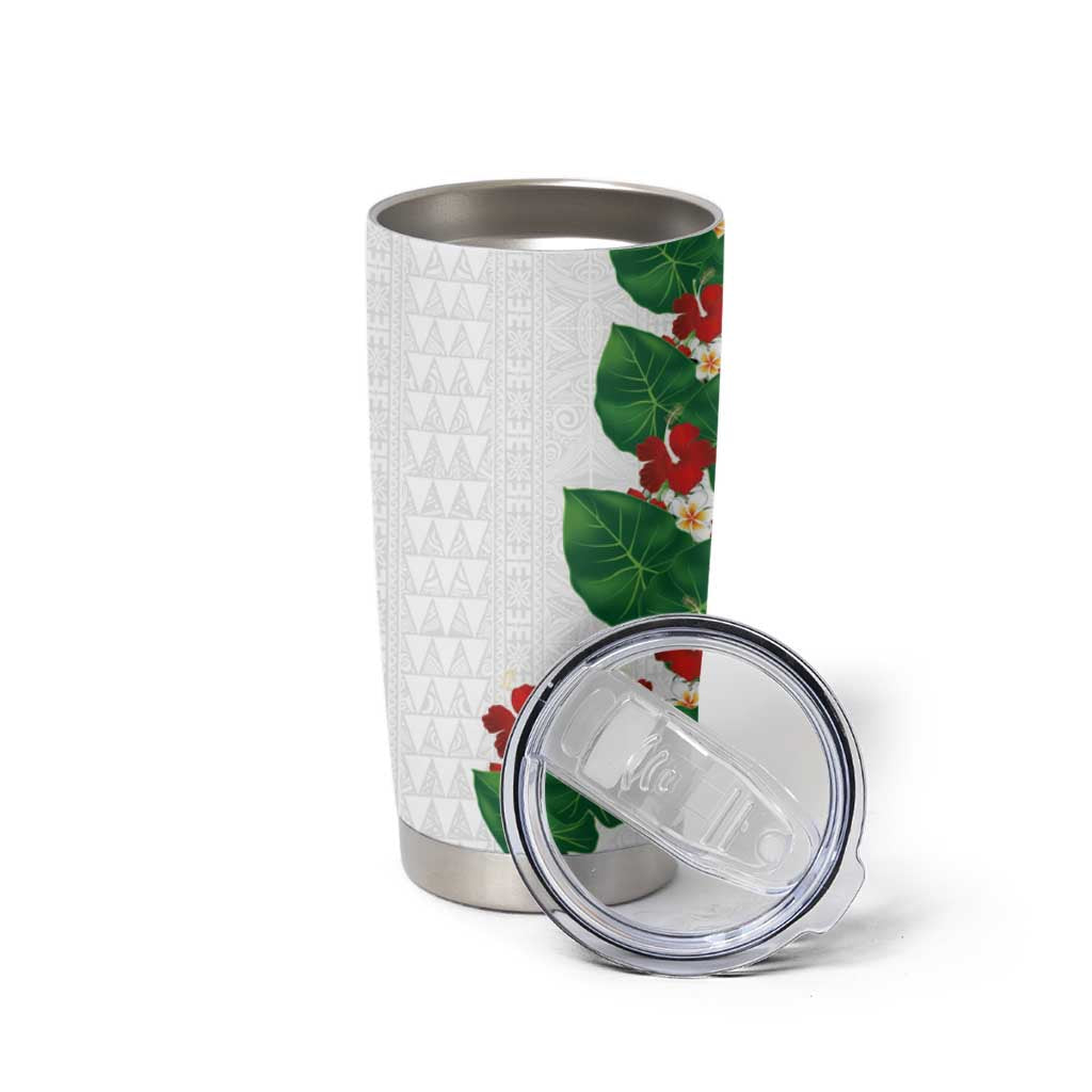 Hawaiian Taro Leaves-Hibiscus and Plumeria Tumbler Cup Polynesian Art-Kakau Tattoo White