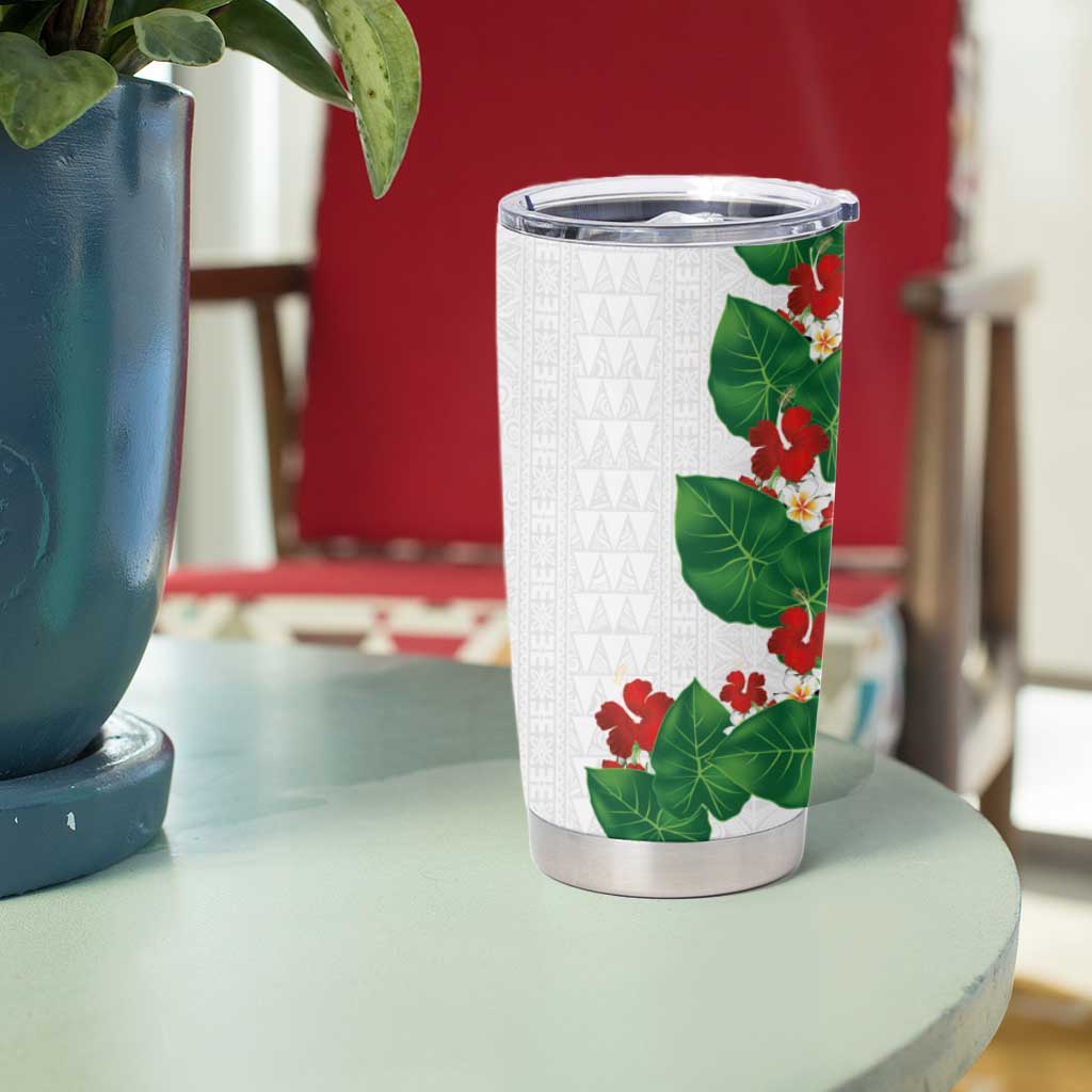 Hawaiian Taro Leaves-Hibiscus and Plumeria Tumbler Cup Polynesian Art-Kakau Tattoo White