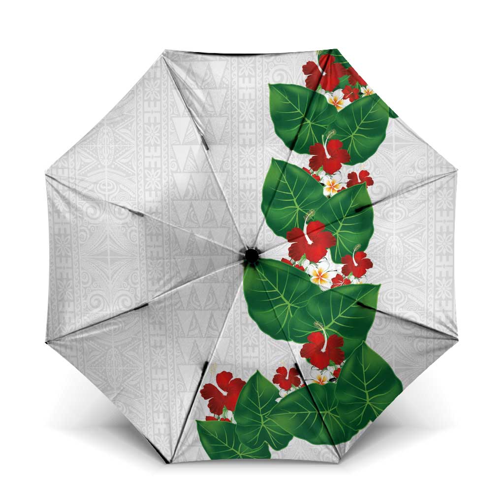 Hawaiian Taro Leaves-Hibiscus and Plumeria Umbrella Polynesian Art-Kakau Tattoo White
