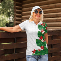 Hawaiian Taro Leaves-Hibiscus and Plumeria Women Polo Shirt Polynesian Art-Kakau Tattoo White