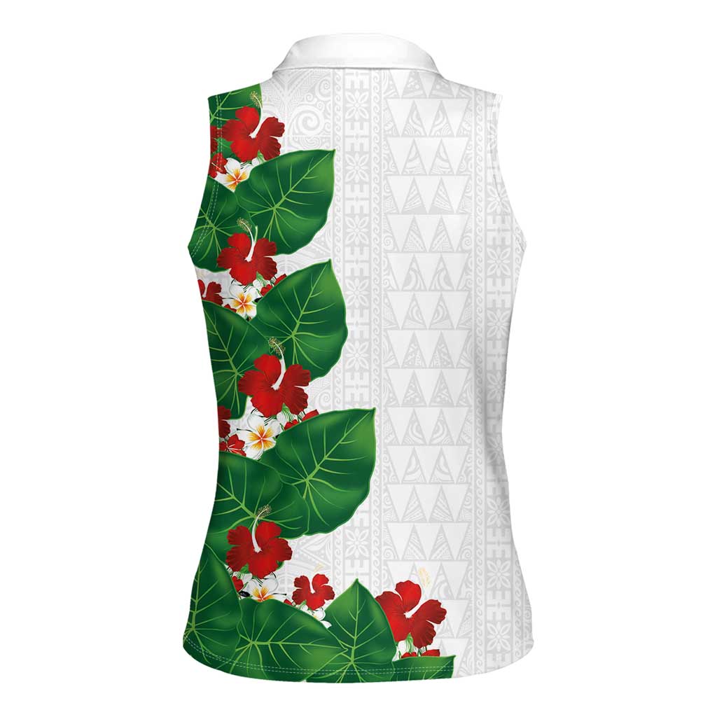 Hawaiian Taro Leaves-Hibiscus and Plumeria Women Sleeveless Polo Shirt Polynesian Art-Kakau Tattoo White