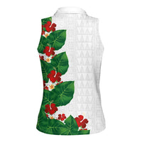 Hawaiian Taro Leaves-Hibiscus and Plumeria Women Sleeveless Polo Shirt Polynesian Art-Kakau Tattoo White