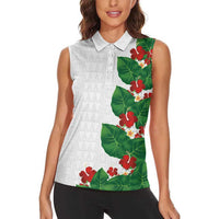 Hawaiian Taro Leaves-Hibiscus and Plumeria Women Sleeveless Polo Shirt Polynesian Art-Kakau Tattoo White