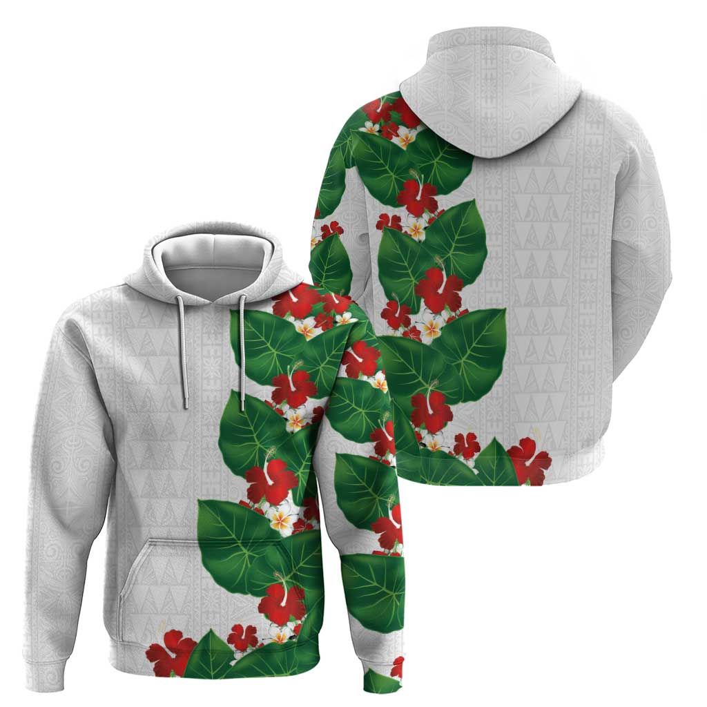Hawaiian Taro Leaves-Hibiscus and Plumeria Zip Hoodie Polynesian Art-Kakau Tattoo White