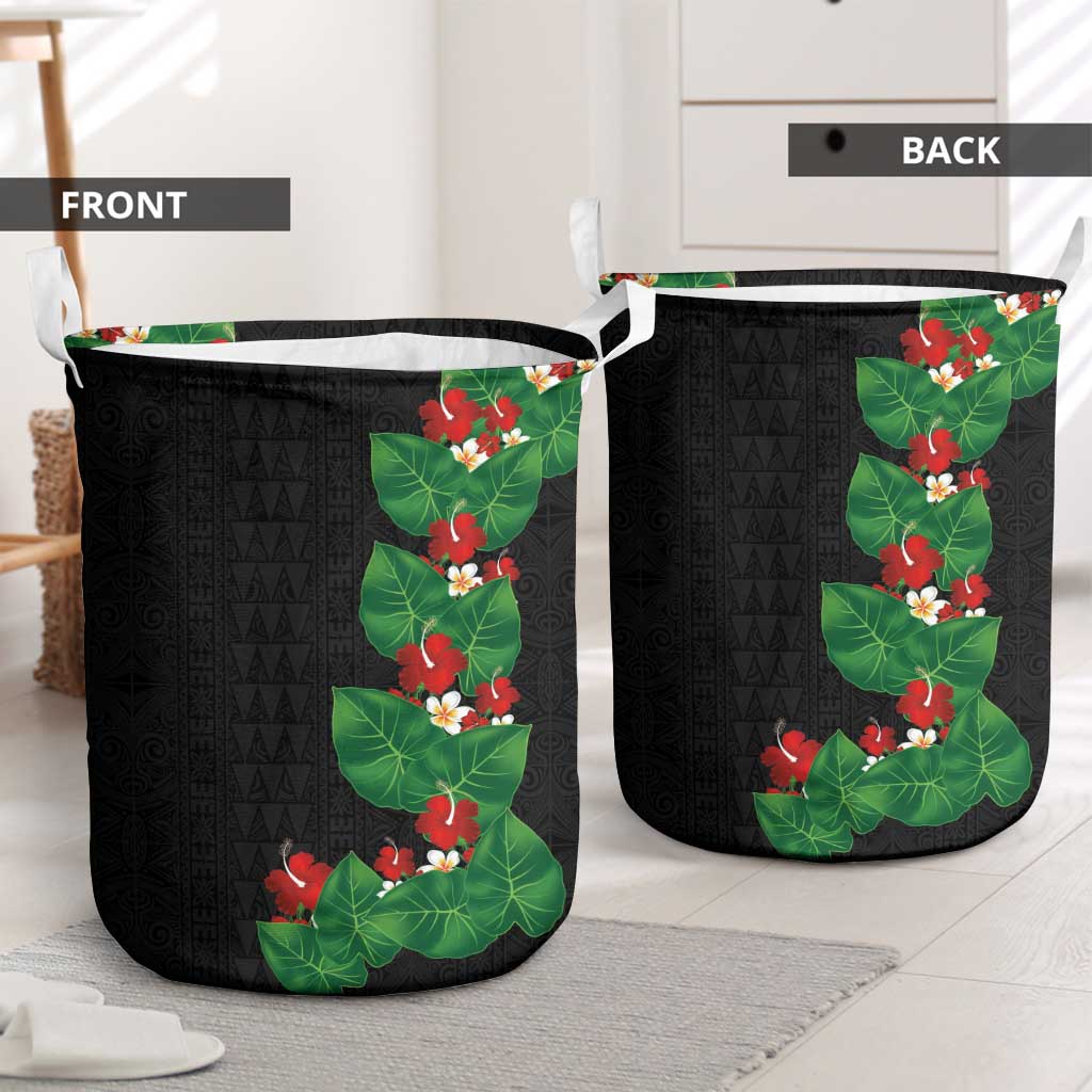 Hawaiian Taro Leaves-Hibiscus and Plumeria Laundry Basket Polynesian Art-Kakau Tattoo Black