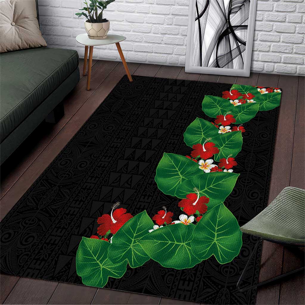 Hawaiian Taro Leaves-Hibiscus and Plumeria Area Rug Polynesian Art-Kakau Tattoo Black
