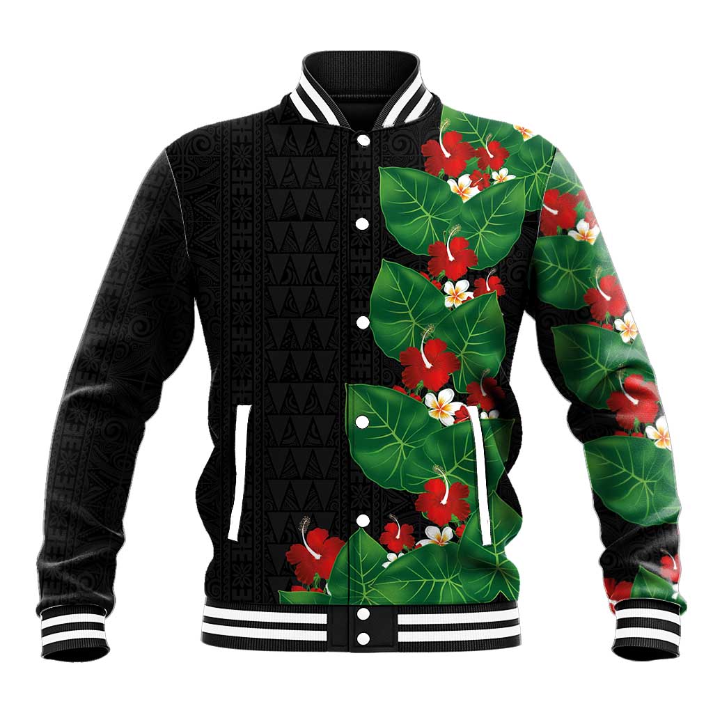 Hawaiian Taro Leaves-Hibiscus and Plumeria Baseball Jacket Polynesian Art-Kakau Tattoo Black