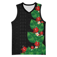 Hawaiian Taro Leaves-Hibiscus and Plumeria Basketball Jersey Polynesian Art-Kakau Tattoo Black