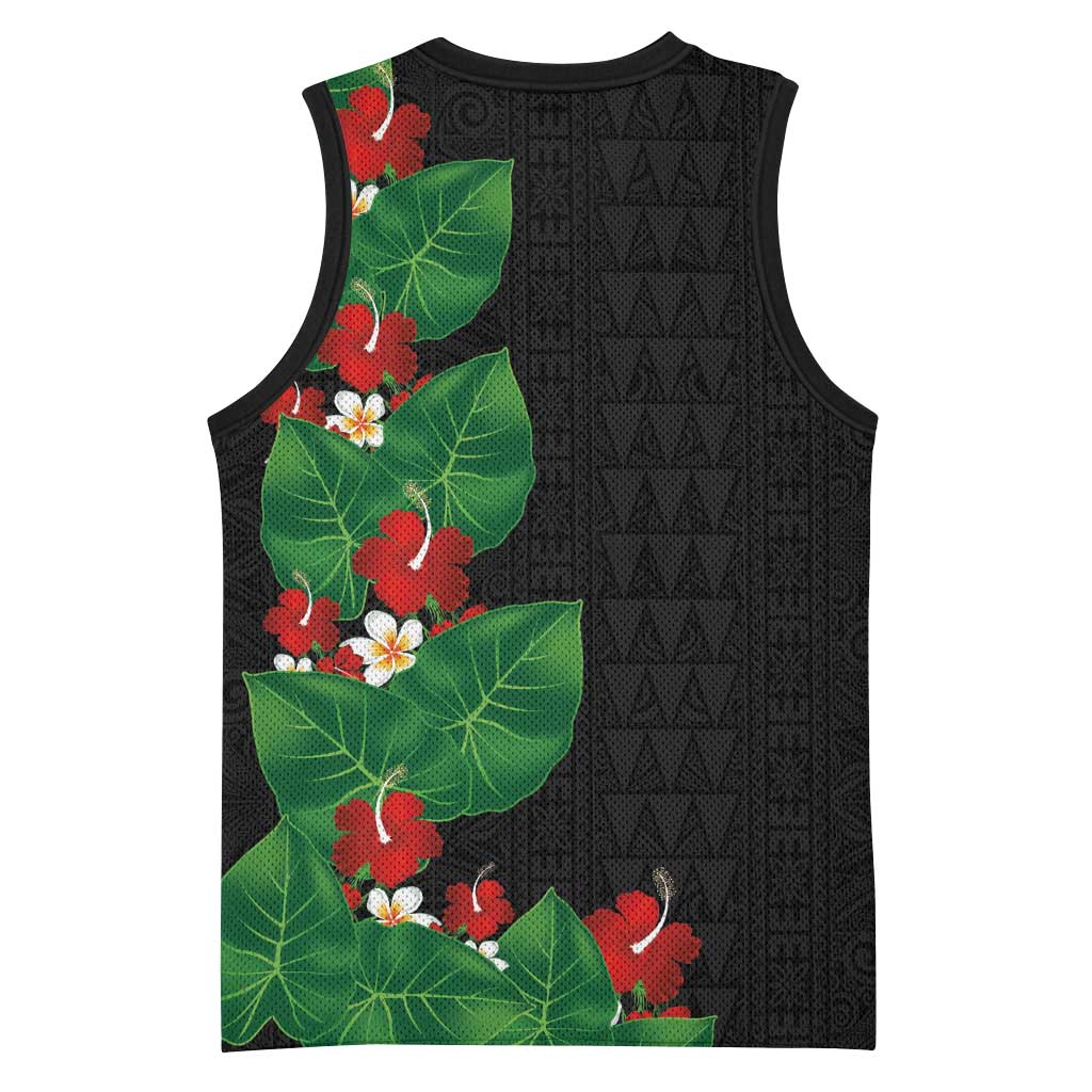 Hawaiian Taro Leaves-Hibiscus and Plumeria Basketball Jersey Polynesian Art-Kakau Tattoo Black