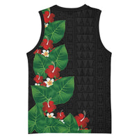 Hawaiian Taro Leaves-Hibiscus and Plumeria Basketball Jersey Polynesian Art-Kakau Tattoo Black