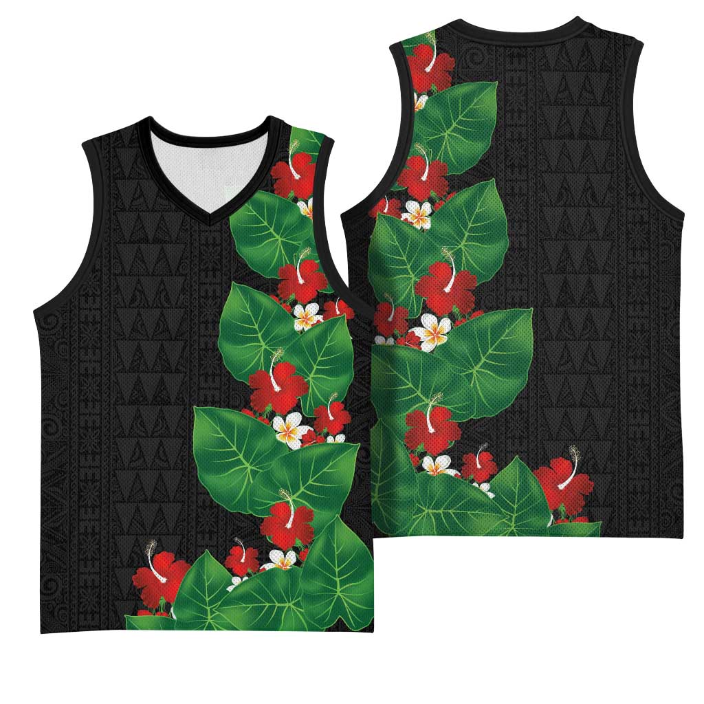 Hawaiian Taro Leaves-Hibiscus and Plumeria Basketball Jersey Polynesian Art-Kakau Tattoo Black
