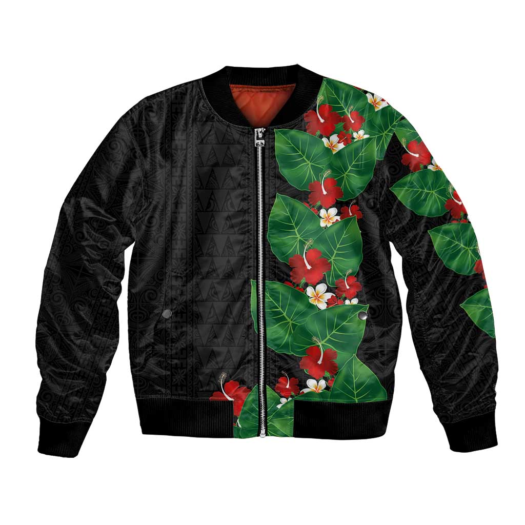 Hawaiian Taro Leaves-Hibiscus and Plumeria Bomber Jacket Polynesian Art-Kakau Tattoo Black LT03 Unisex Black - Polynesian Pride
