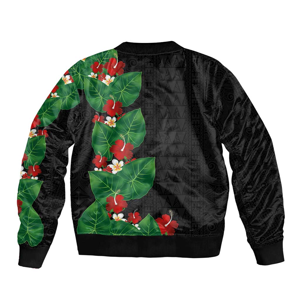 Hawaiian Taro Leaves-Hibiscus and Plumeria Bomber Jacket Polynesian Art-Kakau Tattoo Black LT03 - Polynesian Pride