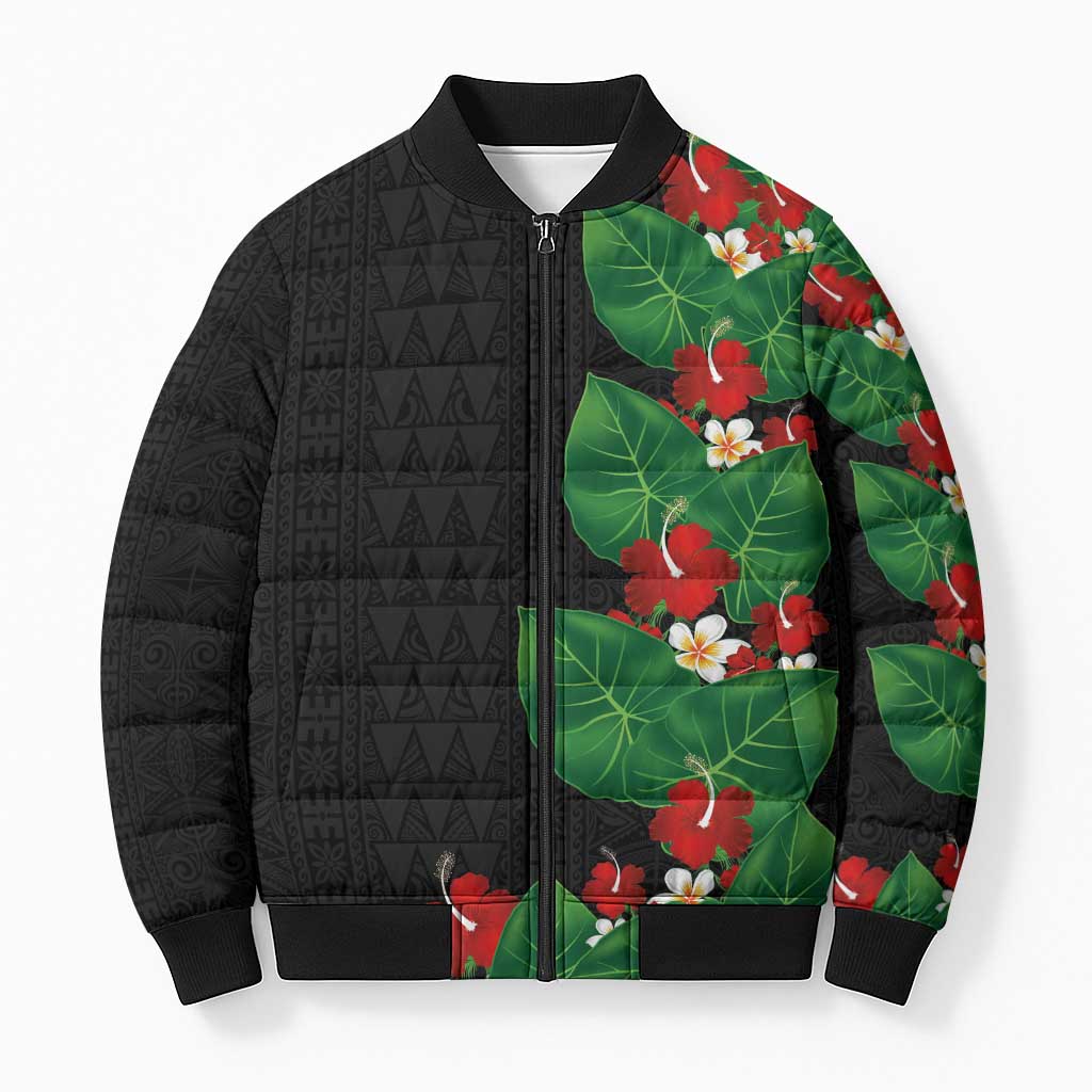 Hawaiian Taro Leaves-Hibiscus and Plumeria Bomber Puffer Jacket Polynesian Art-Kakau Tattoo Black