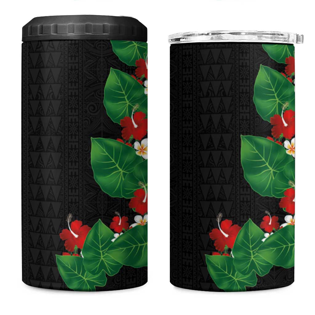 Hawaiian Taro Leaves-Hibiscus and Plumeria 4 in 1 Can Cooler Tumbler Polynesian Art-Kakau Tattoo Black