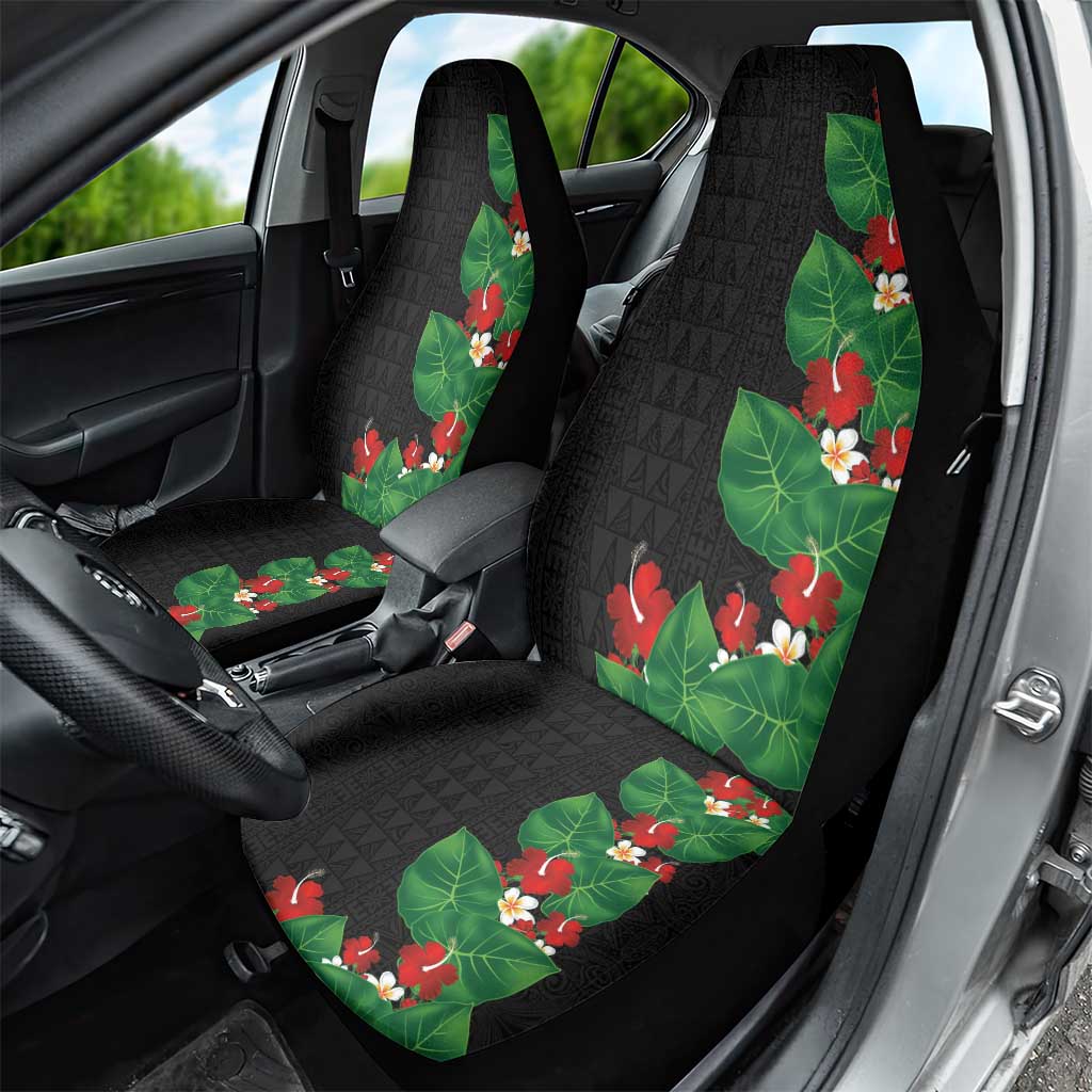 Hawaiian Taro Leaves-Hibiscus and Plumeria Car Seat Cover Polynesian Art-Kakau Tattoo Black