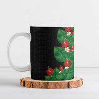 Hawaiian Taro Leaves-Hibiscus and Plumeria Ceramic Mug Polynesian Art-Kakau Tattoo Black