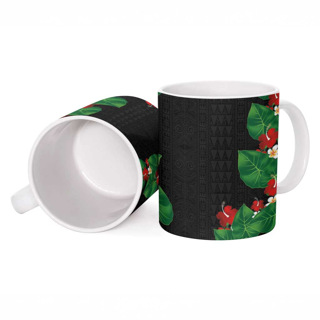 Hawaiian Taro Leaves-Hibiscus and Plumeria Ceramic Mug Polynesian Art-Kakau Tattoo Black