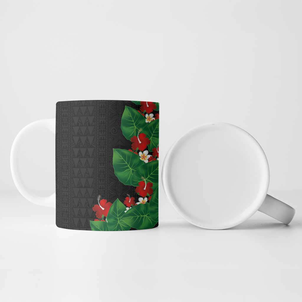 Hawaiian Taro Leaves-Hibiscus and Plumeria Ceramic Mug Polynesian Art-Kakau Tattoo Black