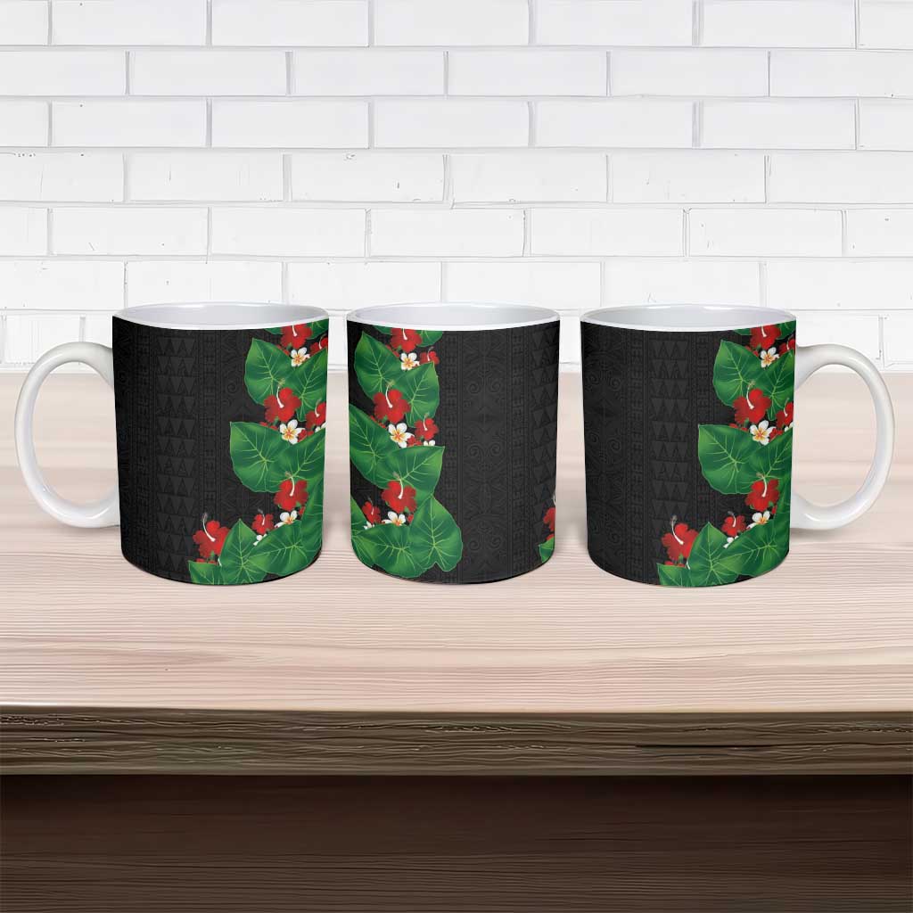 Hawaiian Taro Leaves-Hibiscus and Plumeria Ceramic Mug Polynesian Art-Kakau Tattoo Black