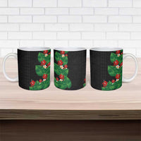 Hawaiian Taro Leaves-Hibiscus and Plumeria Ceramic Mug Polynesian Art-Kakau Tattoo Black